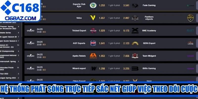 Hệ thống phát sóng trực tiếp sắc nét giúp việc theo dõi cược CSGO C168
